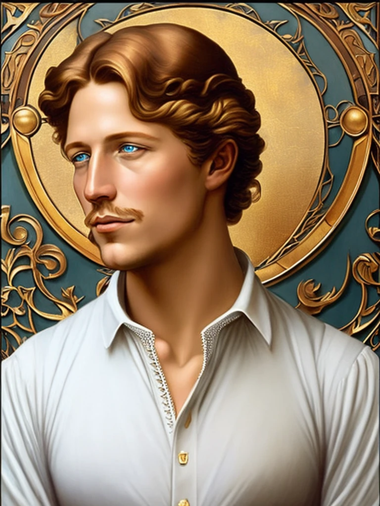 Portrait of Heinrich Heine, white skin, greyish-blue eyes, silky golden-brown hair, refined features, charp jawline, clean shaved, white laced shirt, Art Nouveau style, Mucha style, Mucha background, realism, high quality