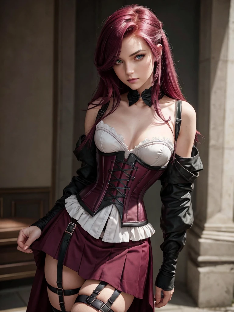(best quality), 1girl, Female, grey skin, (burgundy red hair), swoopy hair, hair over shoulder, hair over one eye, green eyes, perfect eyes, corset, garter_straps, high-waist_skirt, crow feather accessoires, fully clothed, fantasy universe, tall, small bust, stoic, masterpiece, anatomically correct, highres