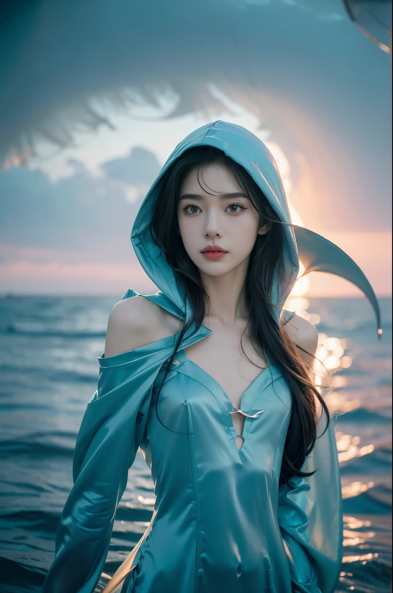 (((best quality))),(((ultra detailed))),(((masterpiece))),illustration,(1 beautiful girl,shark girl,solo),((slim,thin,small breasts,flat chest)),aquarium,summer night,(sleek sharkhead-hooded shirt-dress:1.3),shimmering hues,enchanting aura,(shoulder length straight bob hair:1.2),ocean-blue locks,shiny seaweed,porcelain skin,neon lights,emerald eyes,sharp gaze,delicate shark fin,translucent membrane,dancing fish,vibrant colors,undulating water,salty scent,distant waves,coral reef,gentle shadows,serene ambiance,electric atmosphere,Alezandra,oceanic magic,allure,enchantment,vision,extraordinary presence,((from front,upper body))