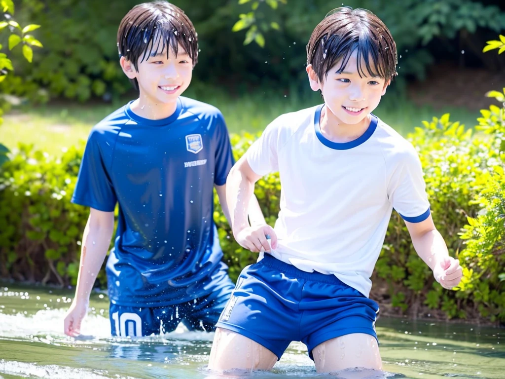 In the forest、Swimming in the river、１０Year old boy、The boys are playing、Get wet all over、Noisy boys、Splashing Water、Boy in gym clothes、The bottom of the white T-shirt is blue、Blue shorts、Japanese、（Boy 1.4）