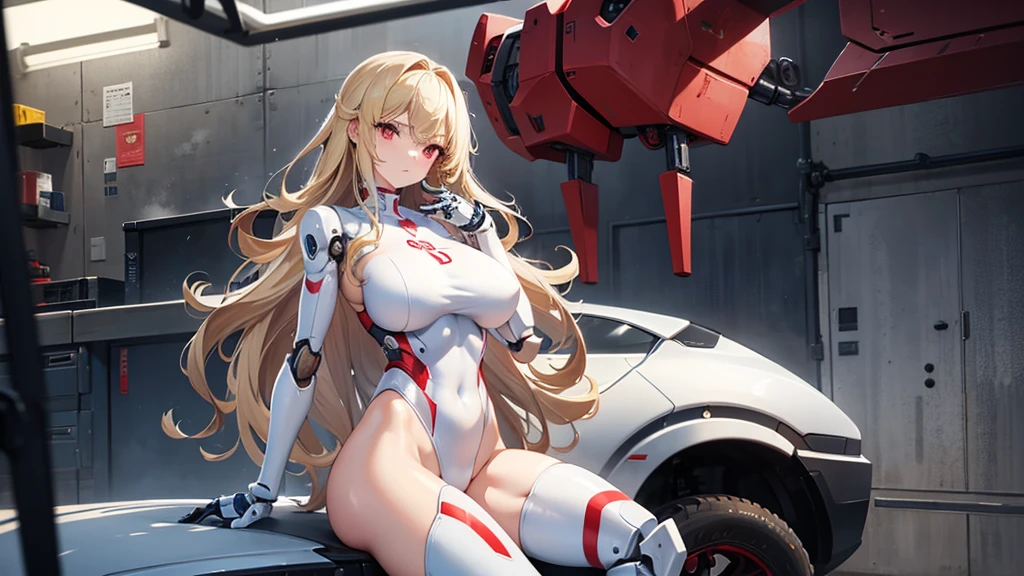 female, skinny, narrow waist, breasts, wavy blonde hair, red eyes, mechanical body, robot body, mechanical joints, robot, mechanical girl, huge breasts, perfect thighs, sitting, garage, white highleg leotard, cowboy shot, masterpiece, plastic skin, pale