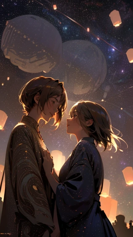 nsfw, Masterpiece, top quality, highly detailed, Photorealistic style, Chiaroscuro style, backlighting, 

2 girls, A lesbian couple make out in yukata,
looking at the camera with a smile,
A close-up of their beautiful eyes,

(Lots of fireworks all over the sky,
Many Lanterns floating in the sky,
big shining milky way:1.4),