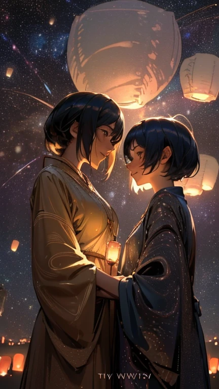 nsfw, Masterpiece, top quality, highly detailed, Photorealistic style, Chiaroscuro style, backlighting,
2 girls, A lesbian couple make out in yukata,
looking at the camera with a smile,
A close-up of their beautiful eyes,
(Lots of fireworks all over the sky,
Many Lanterns floating in the sky,
big shining milky way:1.4),