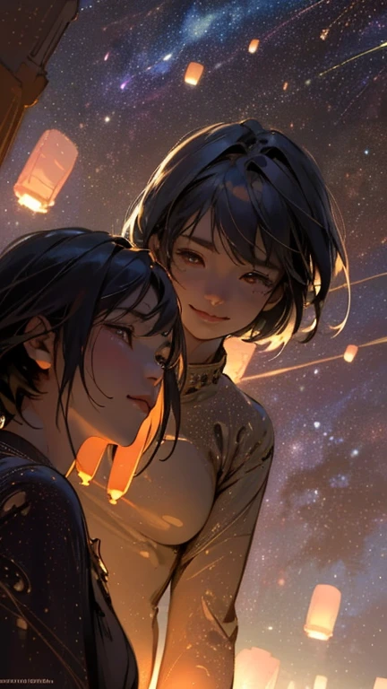 nsfw, Masterpiece, top quality, highly detailed, Photorealistic style, Chiaroscuro style, backlighting, 

2 girls, A lesbian couple make out in yukata,
looking at the camera with a smile,
A close-up of their beautiful eyes,

(Lots of fireworks all over the sky,
Many Lanterns floating in the sky,
big shining milky way:1.4),