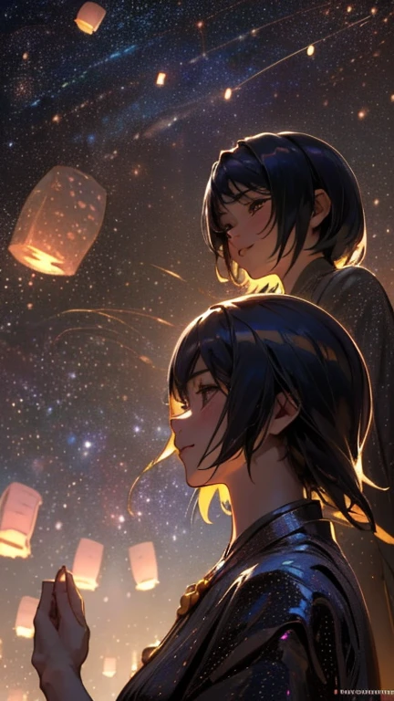 nsfw, Masterpiece, top quality, highly detailed, Photorealistic style, Chiaroscuro style, backlighting,
2 girls, A lesbian couple make out in yukata,
looking at the camera with a smile,
A close-up of their beautiful eyes,
(Lots of fireworks all over the sky,
Many Lanterns floating in the sky,
big shining milky way:1.4),