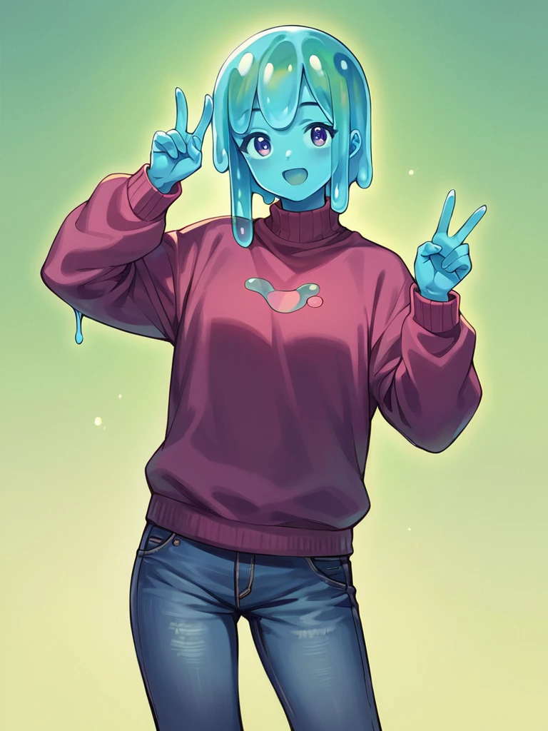 score_9, score_8_up, score_7_up, score_6_up, score_5_up, score_4_up, source_anime, slime boy, blue skin, sweater, jeans, peace sign pose, slime boy, long green slime hair , wind, cowboy shot, humanoid, solo, detailed, beautiful