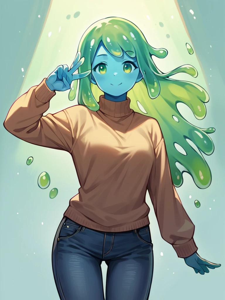 score_9, score_8_up, score_7_up, score_6_up, score_5_up, score_4_up, source_anime, slime boy, blue skin, sweater, jeans, peace sign pose, slime boy, long green slime hair , wind, cowboy shot, humanoid, solo, detailed, beautiful