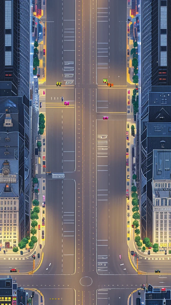 Straight road running through the center of the city, game concept, game map, pixel, pixel art, (straight road:1.2), paved road, night, detailed, vertical, bird's eye view, modern city, front projection