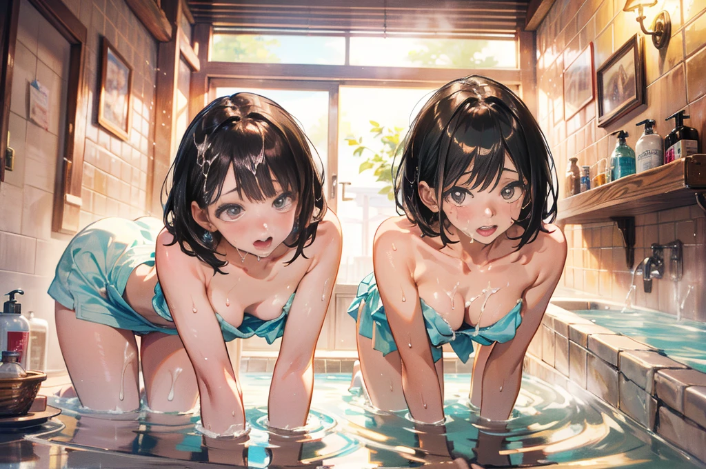 masterpiece, best quality, high quality, detailed, ultra detailed, hyper detailed, insanely detailed, exquisite, beautiful, FHD, Full-HD, 4K, 8K, 16K, highres, absurdres, hot spring, (1girl and 1boy), ((I have a bath towel wrapped around me)),doggystyle,intercourse with a man,vaginal penis,sweat,drooling,cum in pussy,cum on body,(excessive cum),pojecile cum,excited, , short hair, black hair, black eyes, slim, beautiful , beauty mark, shiny skin,oily skin,blush,