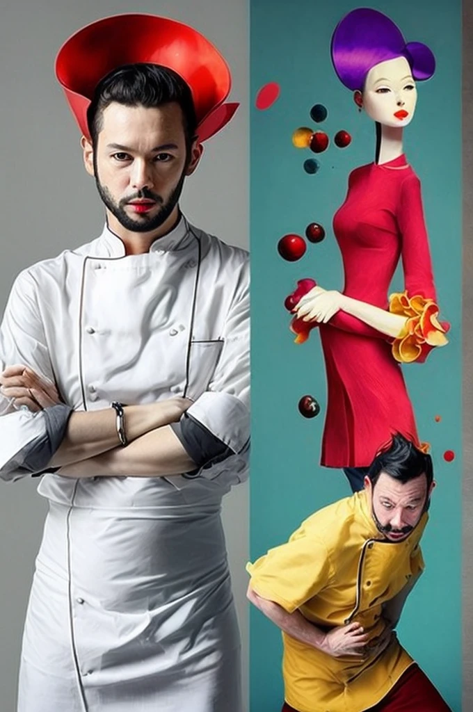 3 French chefs、Arrangement work、Serious expression、(Dynamic pose:1.4)、Outstanding works of art、(Avant-garde masterpieces:1.6)、Flashy colors、