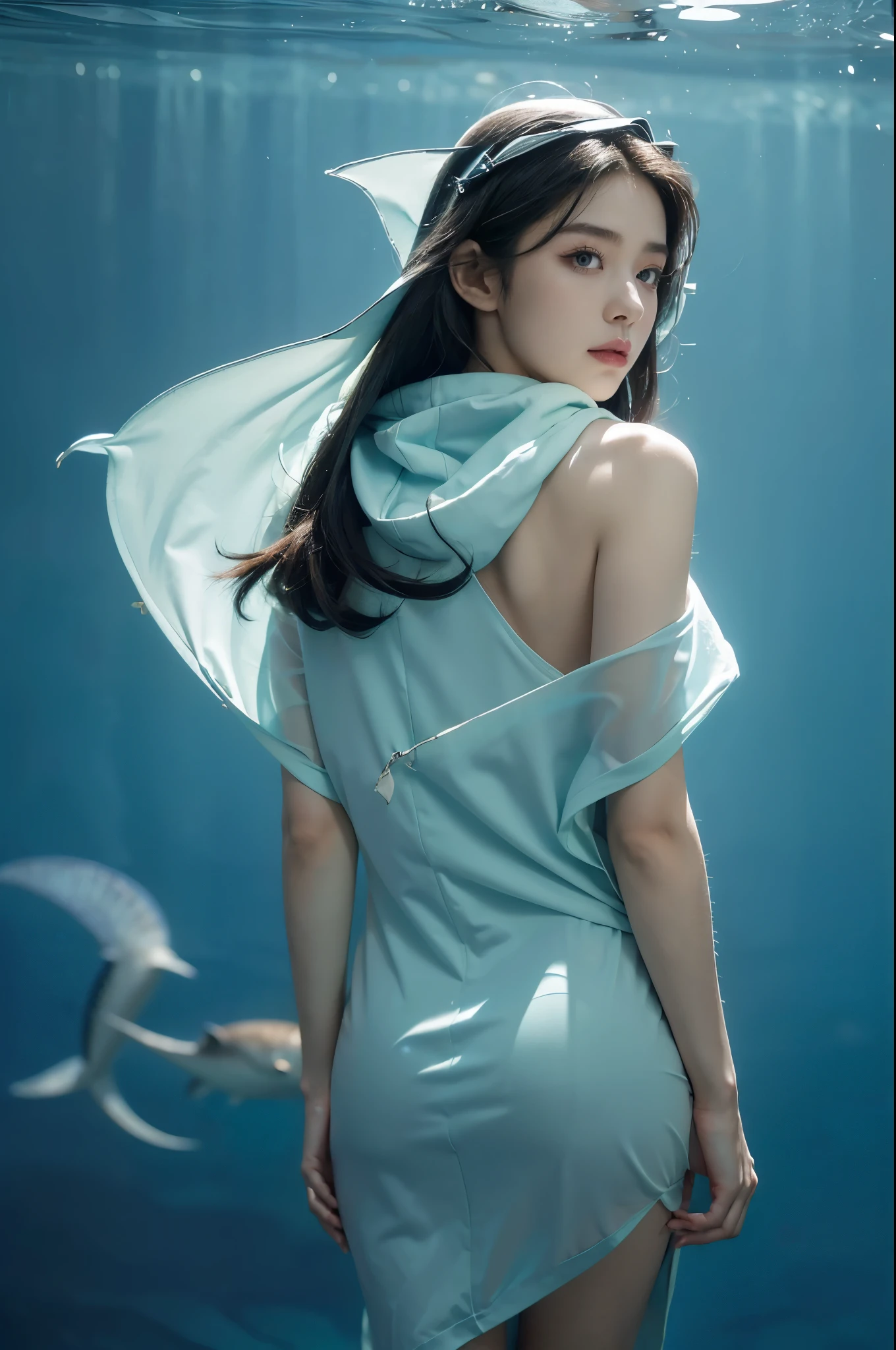 (((best quality))),(((ultra detailed))),(((masterpiece))),illustration,(1 beautiful girl,shark girl,solo),((slim,thin)),((bare back,towering hips,butt crack)),aquarium,summer night,(sleek sharkhead-hooded shirt-dress:1.3),shimmering hues,enchanting aura,(shoulder length straight bob hair:1.2),ocean-blue locks,shiny seaweed,porcelain skin,neon lights,emerald eyes,sharp gaze,delicate shark fin,translucent membrane,dancing fish,vibrant colors,undulating water,salty scent,distant waves,coral reef,gentle shadows,serene ambiance,electric atmosphere,Alezandra,oceanic magic,allure,enchantment,vision,extraordinary presence,((from back,upper body))