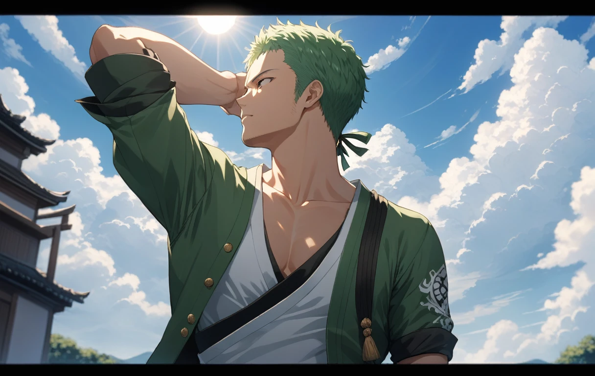 masterpiece, best quality, 1boy, solo, Roronoa Zoro, outdoors, letterboxed, , day, sky, looking up, cloud, sunlight, upper body, from side, blurry, blue sky, depth of field, highres, 4k, 8k, intricate detail, cinematic lighting, amazing quality, wallpaper
