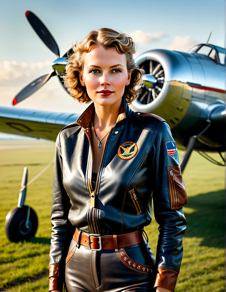 Masterpiece, Imagine Amelia Earhart in 1932, a 35 years old American woman, standing confidently beside her Lockheed Vega aircraft on the brink of her historic solo transatlantic flight. She's dressed in her iconic pilot attire: a leather flight jacket, breeches, and tall lace-up boots, embodying the spirit of adventure. Her gaze is fixed on the horizon, a symbol of her determination and pioneering spirit. The Vega, a symbol of technological achievement of the era, gleams under the early morning sun, poised on a grassy airfield. This moment captures the anticipation and courage of a trailblazer about to etch her name into the annals of aviation history, 16K, ultra high res.photorealistic, UHD, RAW

INFO
