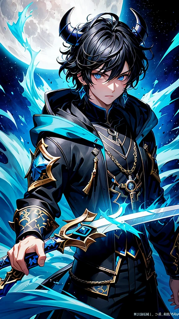 (masterpiece:1.2、highest quality), (Exquisite eyes: 1.2), (Detailed Background、Dark fantasy), (beauty detailed face), High Contrast, (Best lighting、Very delicate and beauty), ((Cinema Lighting) )), colorful, Hyper Detail, Dramatic Light, Intricate details, (1 teen boy, scruffy black hair, bangs, Blue eyes, moon, dark night, long earrings, black hoodie, blue demon horns, blue great sword on the back, looking at viewer, upper body), Black light swirling around the character, Depth of written boundary, black light particles, Nightcore, Spectacular anime style, zerochan art, Anime Wallpaper, Burning, High quality anime art style, Key Anime Art