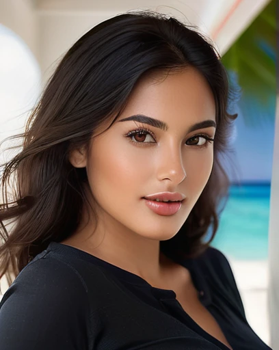 ((Best quality)), ((Masterpiece)), (detailed), perfect face, long wavy black hair reaching her chest, deep brown eyes, hollow cheeks, straight and fine nose, full lips, bronzed matte skin, delicately defined and realistic facial features. A natural-looking woman, currently on vacation in the sun, wearing a mini skirt and a tight-fitting, low-cut top. The skin and clothing texture must be extremely well-detailed, with shadows highlighting her curves and the contours of her clothing. The woman weighs around 55 kg, quite slim but with generous curves. Full body shot, super realistic photo, perfect body, maximalist elaborate details, extremely detailed, romantic flash, epic, vibrant, vacation ambiance, evening light.