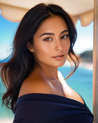 ((Best quality)), ((Masterpiece)), (detailed), perfect face, long wavy black hair reaching her chest, deep brown eyes, hollow cheeks, straight and fine nose, full lips, bronzed matte skin, delicately defined and realistic facial features. A natural-looking woman, currently on vacation in the sun, wearing a mini skirt and a tight-fitting, low-cut top. The skin and clothing texture must be extremely well-detailed, with shadows highlighting her curves and the contours of her clothing. The woman weighs around 55 kg, quite slim but with generous curves. Full body shot, super realistic photo, perfect body, maximalist elaborate details, extremely detailed, romantic flash, epic, vibrant, vacation ambiance, evening light.