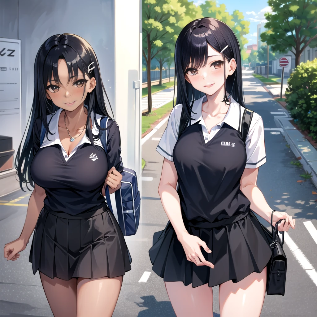 ((best quality)), ((masterpiece)), (details), one girl, sexy ((best quality)), ((masterpiece)), (details), one girl, sexy ((best quality)), ((masterpiece)), (details), one girl, full body, sexy expensive body, expensive, long legs, mature woman, mature, adult, it_nagatoro_main, Nagatoro Hayase, one girl, blushing, alone, uniform polo shirt, black hair, bag, brown eyes, hair accessory, looking at viewer, hair clip, outdoors, backpack, smiling, long hair, dark skinned woman, dark skin, , bangs, daytime, skirt, collared shirt, collarbone, ear clip, mouth closed, tree, asymmetrical bangs, upper body