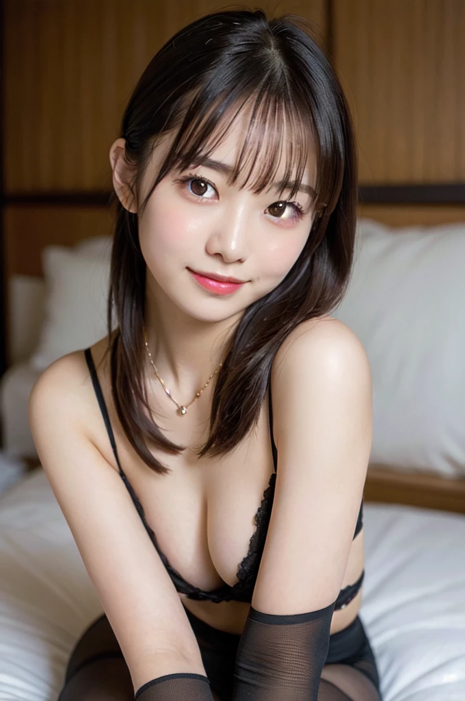 masterpiece, Highest quality, 8K,nude、Above the knees shot、smile、Small Boobs、Pantyhose、boldly open your legs、24 year old Japanese woman、Detailed skin texture、One person、Old Japanese house、Lying in bed、Professional Lighting、Wearing black pantyhose、Hide your fingers, High resolution, Small Boobs 、ponytail、Natural Skin, Optimal ratio、Surreal, Blushing cheeks、体 covered in 、Cross Necklace、18-year-old female:1.ung and adorable Japanese face,