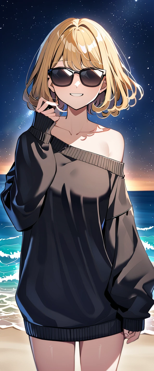 ((sea, beach)), bare legs, ((starly sky)), (((sunglasses, hand to sunglasses))), (((cowboy shot))), ((wavy hair, inward curled hair)), ((night)), ((blond hair, bob cut:1.3)), breasts, teenager, (looking at viewer), oversized clothes, puffy long sleeves, ((off-shoulder sweater:1.3, Quite thick shoulder straps)), ((black sweater)), collarbone, head tilt:1.3, (((blue eyes))), ((happy smile)), (((anime style))), (best quality, 4K, 8K, highres, masterpiece:1.2, ultra-detailed, ultra-detailed eyes, HDR, uhd, studio lighting, ultra-fine painting, sharp focus, physically-based rendering, extreme detail description, professional, vivid colors, bokeh)