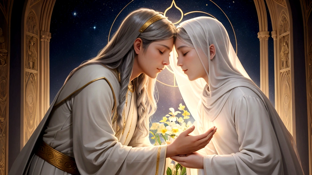 "Description: Create a scene that explores the theme of divine love and redemption in Universalism. Show God, depicted as a compassionate and merciful figure, extending grace to souls from all walks of life, encompassing them in divine light and acceptance.
Details: Use soft, ethereal colors and gentle lighting to convey a sense of divine presence and love. Depict a moment of spiritual awakening or realization for individuals, symbolized by gestures of forgiveness and reconciliation. Include subtle references to biblical passages like 1 Timothy 2:4 and symbols of universal salvation, such as a peaceful garden or celestial realm where souls are gathered in harmony. Capture the essence of God's unconditional love and the promise of redemption for all humanity."
