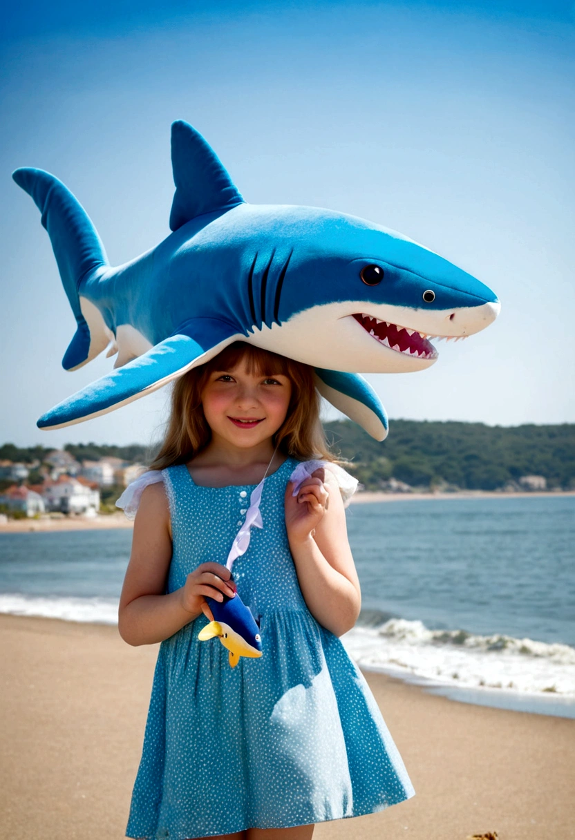 Girl with stuffed shark on her head, Seaside, DaytimeGirl with stuffed shark on her head, Seaside, Daytime