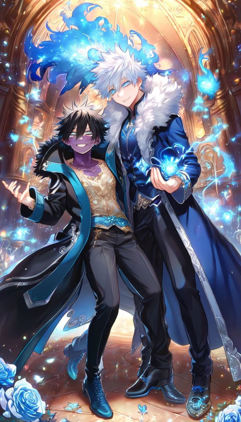 (absurdres, highres, ultra detailed, HDR) master piece, best quality, extremely detailed face, delicated features, Dabi, black hair, expressive turquoise eyes, Boku No Hero Academia, Gojou Satoru, white hair, expressive blue eyes, white eyelashes, two sexy men together, yaoi, gay couple, handsome, smile, black coat, blue coat with fur, black pants, full body, magical fantasy, glittering, sparkling, blue roses, radiant, blue sparkling fireflies, blue fire, envy magical, fantasy