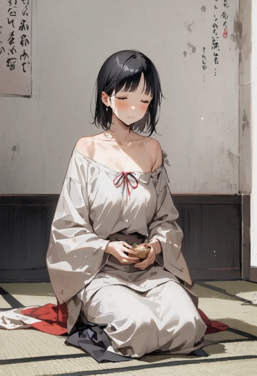 Zashiki Warashi、Japanese style、Shoji Screen、tatami、Haunted house、darkness、Late Night、kimono、Bob、girl、girl、young、Baby Face、Flat Chest、Long black hair、Dynamic Angle、A faint smile、Squint your eyes、ball、Flower Hair Ornaments、Clogs or bare feet