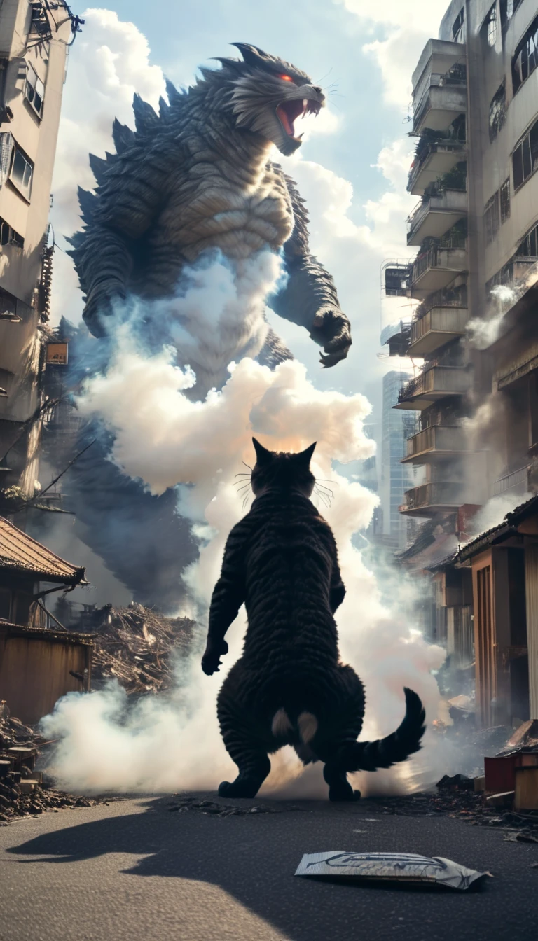 A giant cat like Godzilla is destroying the city。The giant cat is roaring。Smoke is in the background。炎があがっている