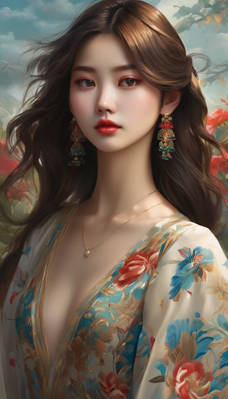 (masterpiece, best quality:1.2), Elegant girl, Striking pose, Exquisite detail features, Sharp eyes, Hooked nose, Sexy lips, Gorgeous clothing, Symmetrical composition, light, Dramatic chiaroscuro, Rich color palette, High contrast, The art of math, Reality，Xianxia