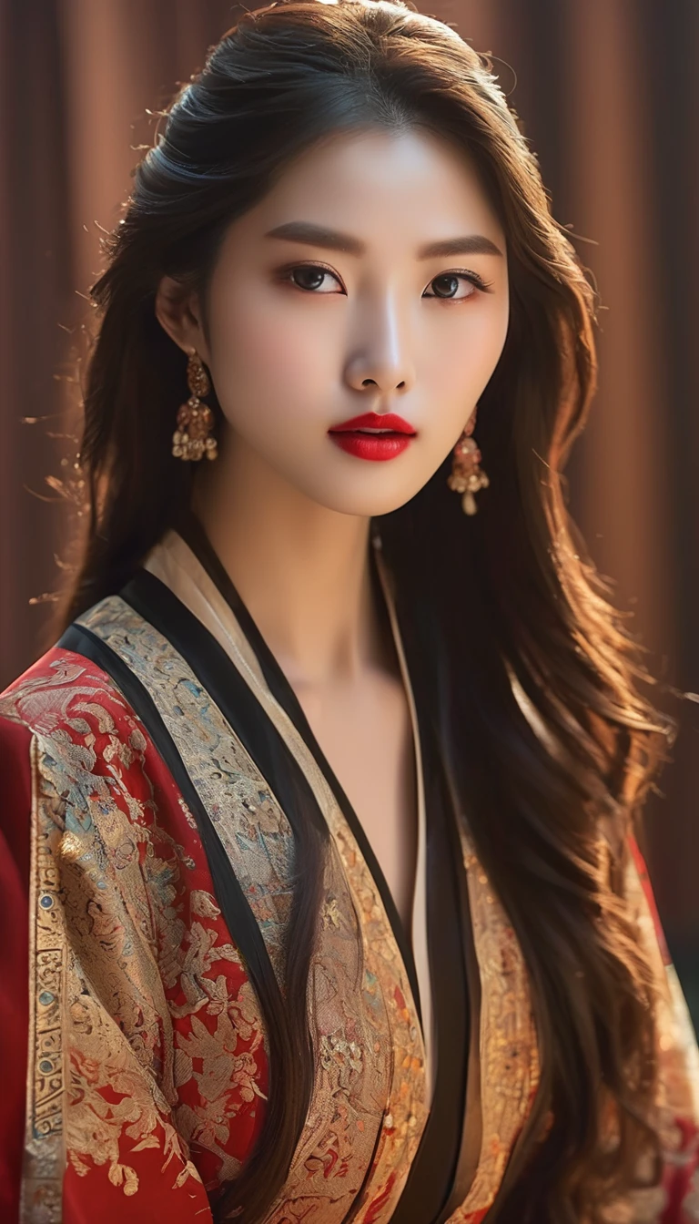 (masterpiece, best quality:1.2), Elegant girl, Striking pose, Exquisite detail features, Sharp eyes, Hooked nose, Sexy lips, Gorgeous clothing, Symmetrical composition, light, Dramatic chiaroscuro, Rich color palette, High contrast, The art of math, Reality,Xianxia