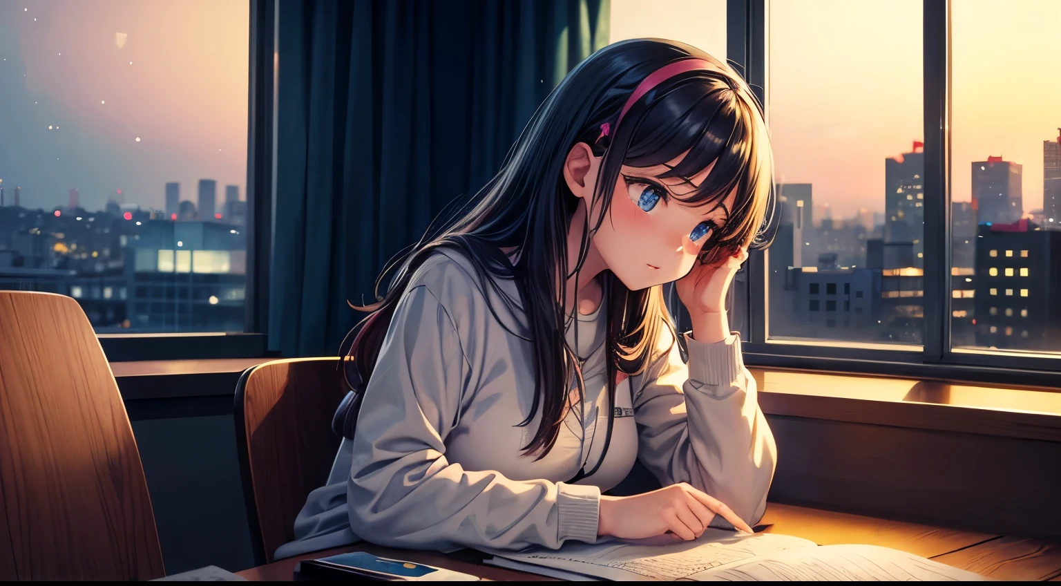 Lofi music anime illustration, Close up of, Girl studying in room, With the book, Laptop, Night City View, Listen to music while studying, The atmosphere is nice but the room is a bit dark