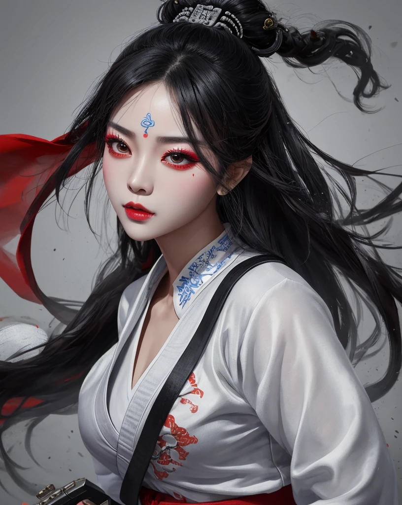 Color Ink Splashing, best quality,masterpiece,highly detailed,ultra-detailed,   beijing opera, solo, 1girl, black hair, makeup  ,fighting stance, holding weapon, portrait, 
<f