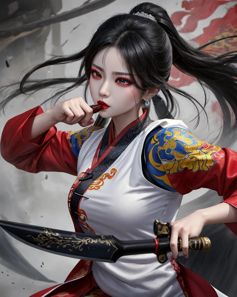 Color Ink Splashing, best quality,masterpiece,highly detailed,ultra-detailed,   beijing opera, solo, 1girl, black hair, makeup  ,fighting stance, holding weapon, portrait, 
<f