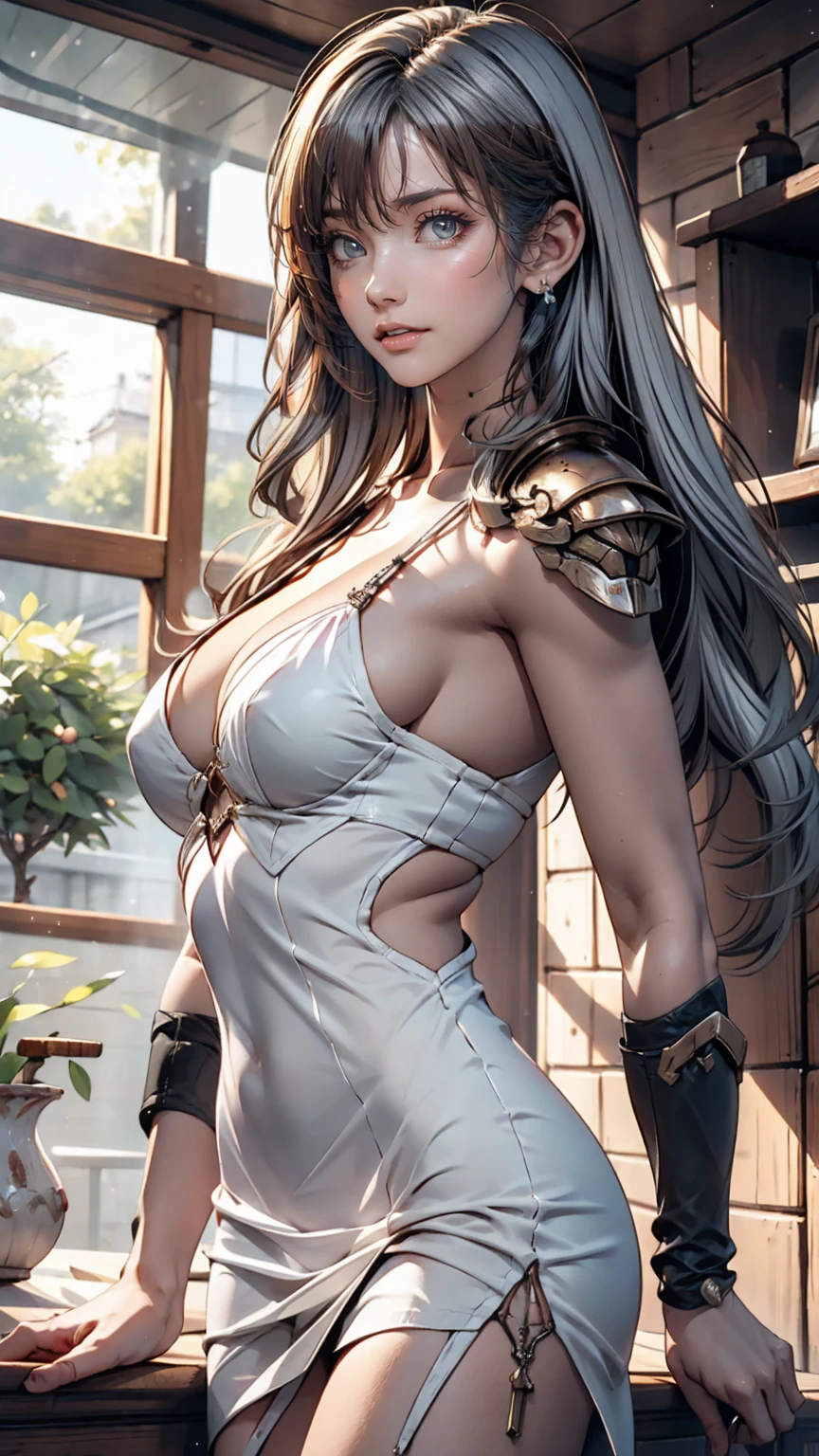 24-year-old female、Sexy proportions、Sexy expression、Dress Armor、Silver Hair、Straight Hair、Twin tails