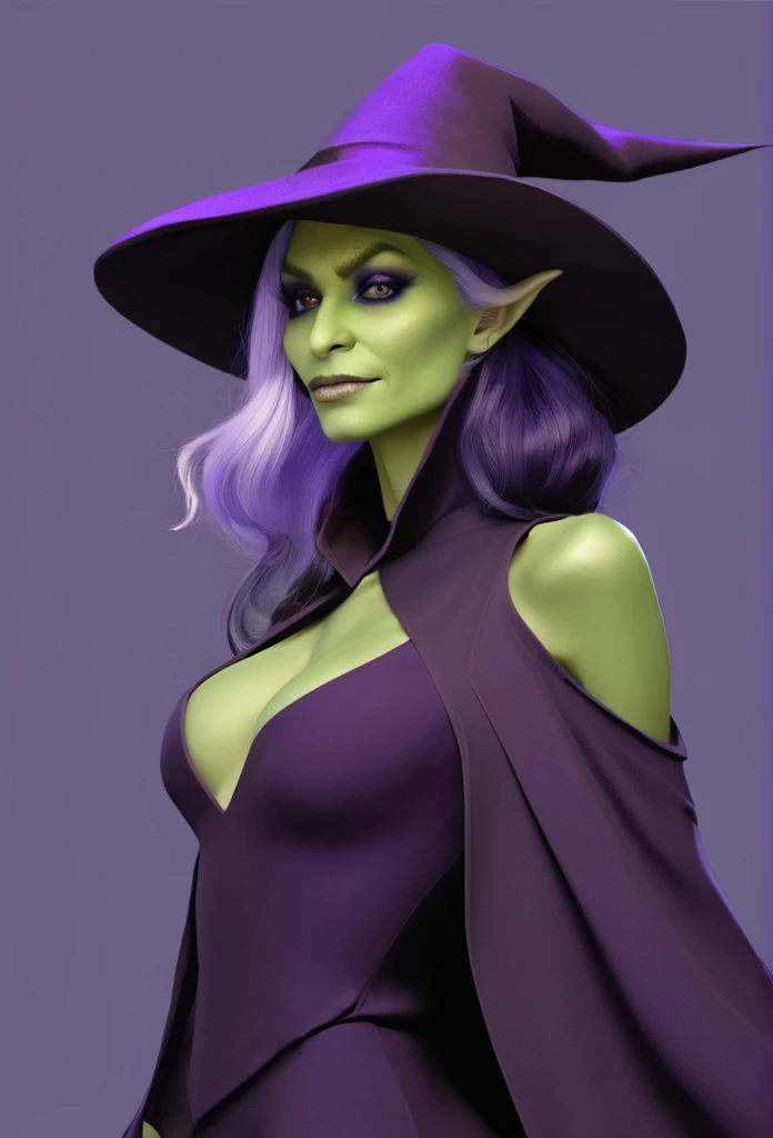 A pale green skin, Beautiful witch woman, half goblin, half human, half of the upper body, dark purple garments