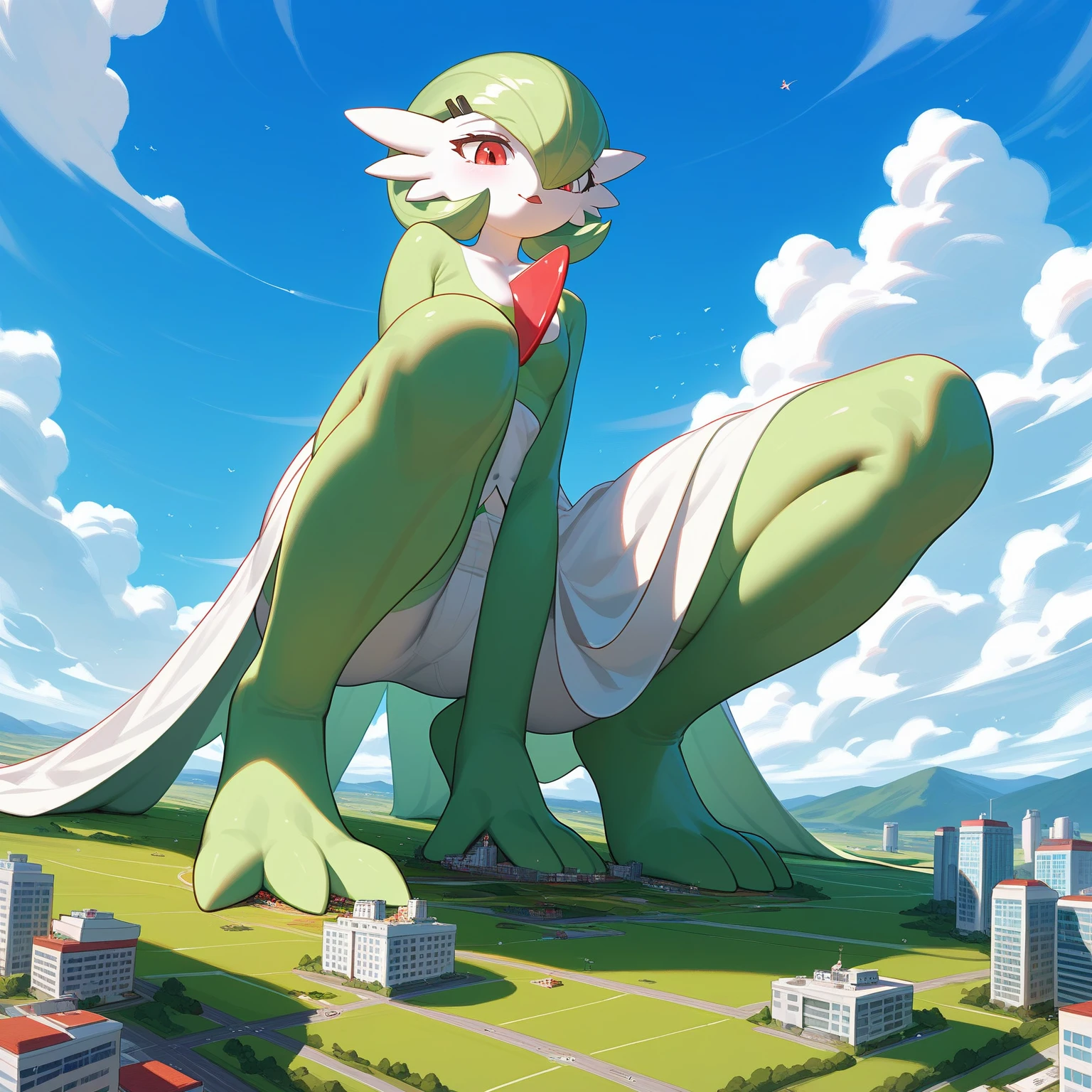 green legs, full body shot, green and white, gardevoir, pokemon, sizedifference, macro, giantess, high angle, stand, looking at the ground, continent, 2 feet, {{1 hand on the knee}}, 3 toes, squat, cloud, island, foot in city