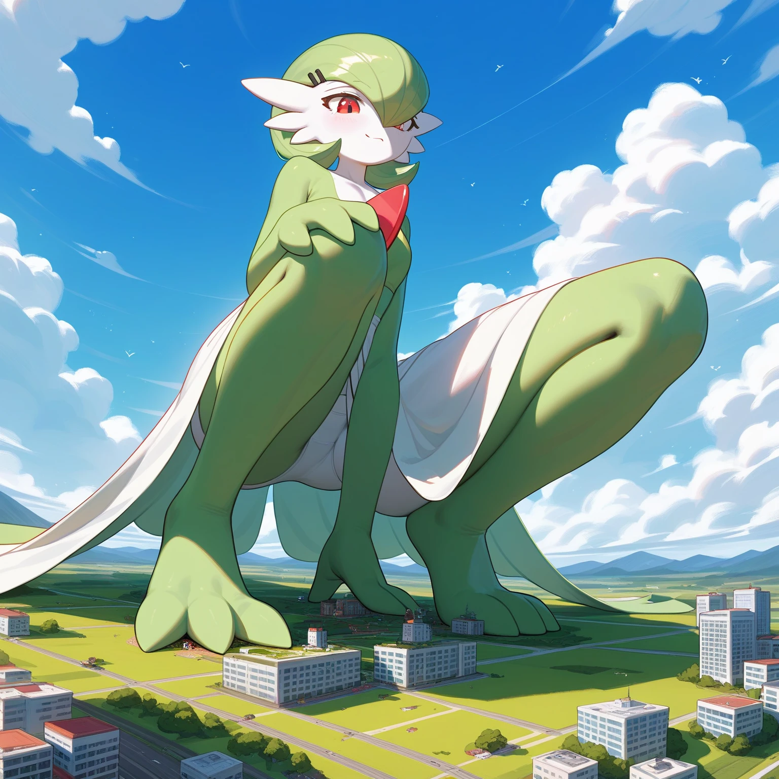 green legs, full body shot, green and white, gardevoir, pokemon, sizedifference, macro, giantess, high angle, stand, looking at the ground, continent, 2 feet, {{1 hand on the knee}}, 3 toes, squat, cloud, island, foot in city