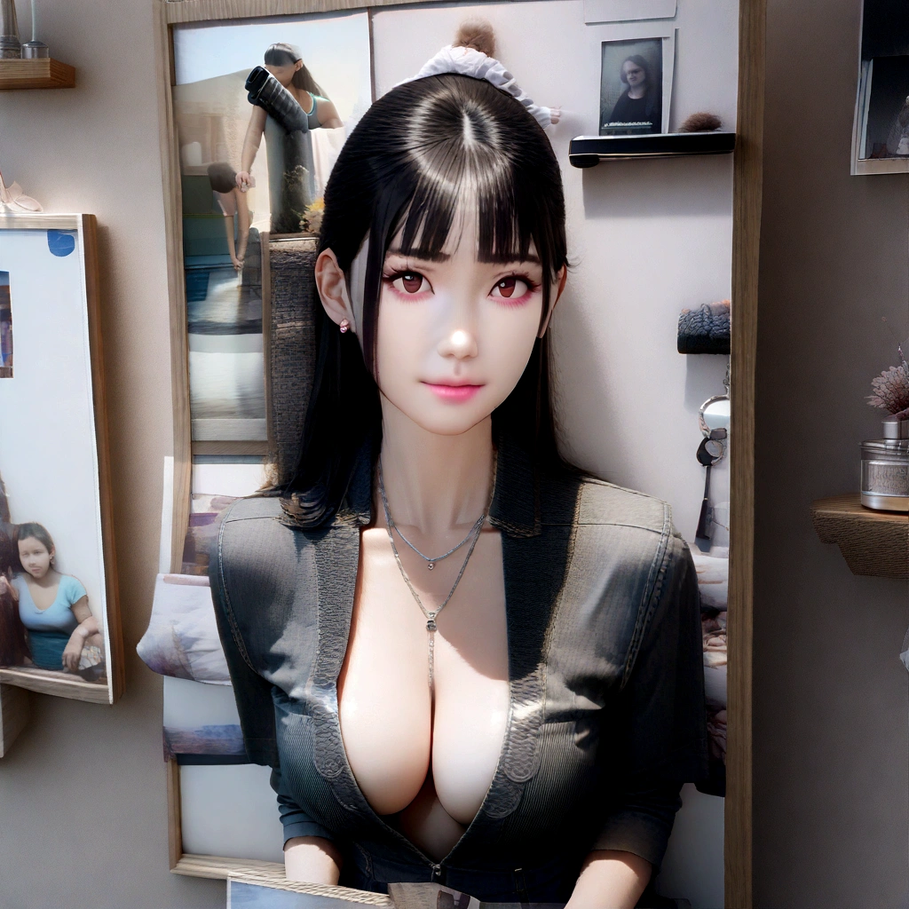 Highest quality, masterpiece, Ultra-high resolution, (Photo Real:1.4), 8K,Surrealism, dream-like, (A shotgun is hanging on the wall:1.5), Display counter, Cleavage close-up