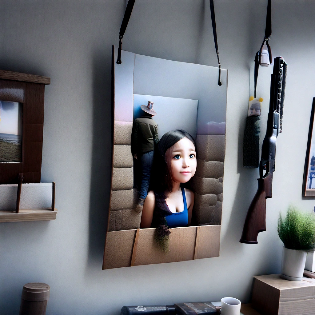 Highest quality, masterpiece, Ultra-high resolution, (Photo Real:1.4), 8K,Surrealism, dream-like, (A shotgun is hanging on the wall:1.5), Display counter, Cleavage close-up