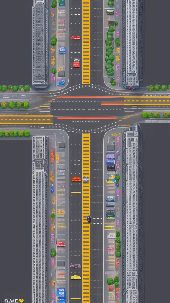 Straight road running through the center of the city, game concept, game map, pixel, pixel art, (straight road:1.2), paved road, night, detailed, vertical, bird's eye view, modern city, front projection