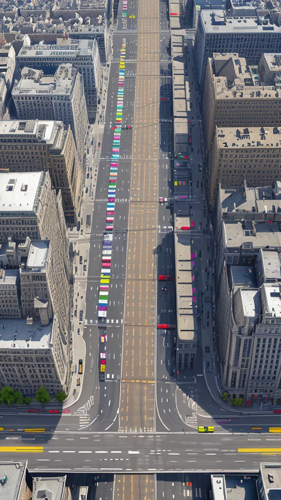 Straight road running through the center of the city, game concept, game map, pixel, pixel art, (straight road:1.2), paved road, night, detailed, vertical, bird's eye view, modern city, front projection