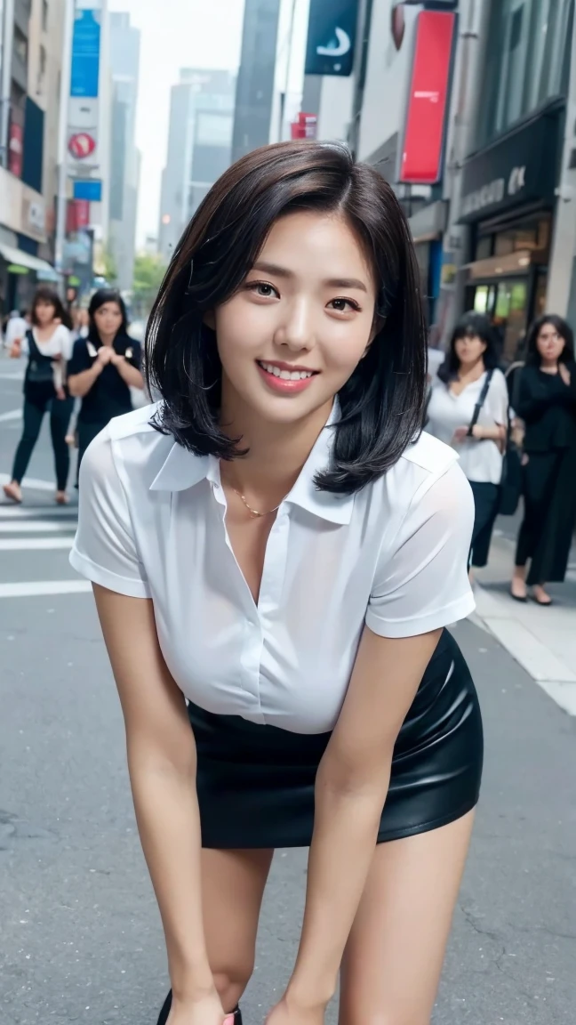 breasts, ((half body foto))(((wearing crop collared shirt, black tight skirt))) ((())) ,, detailed skin, ((asia white skin color)),detailed skin, gigantic breasts, Slim Waist, (((4K resolution))),(()) (((medium black hair silky thick hairstyle))) ((white skin)) ((extremely detailed face)) ((extremely detailed eyes)) (((open mouth))) ((outdoor background downtown crowd)) (((eye direction looked on camera))) look (()) ((sixpack woman)) ((model posture)), face, extremely detailed full body color photo of a 18 y.o girl, beautiful face, beautiful eyes, (()), (((sexy))) big breasts, slim body, ((skin details, high texture)), ((standing, bend over, hands on legs, sexy pose)), bend over, hand fix, finger fix, nails fix, realistic hand wrinkles, realistic eyes, octane render, simetris eyes,(white perfect teeth)