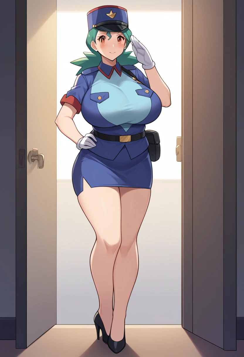 score_9, score_8_up, source_anime Bibl3, mature woman standing at attention, salute, solo 1girl( jenny (pokemon), police uniform, belt, pencil skirt, white gloves, high heels, milf, large breasts, huge breasts, swollen breasts, big ass, green hair, pregnant, nervous expression, embarrassed, exposed belly), doorway of office, morning, contrast lighting, natural lighting, full body, 