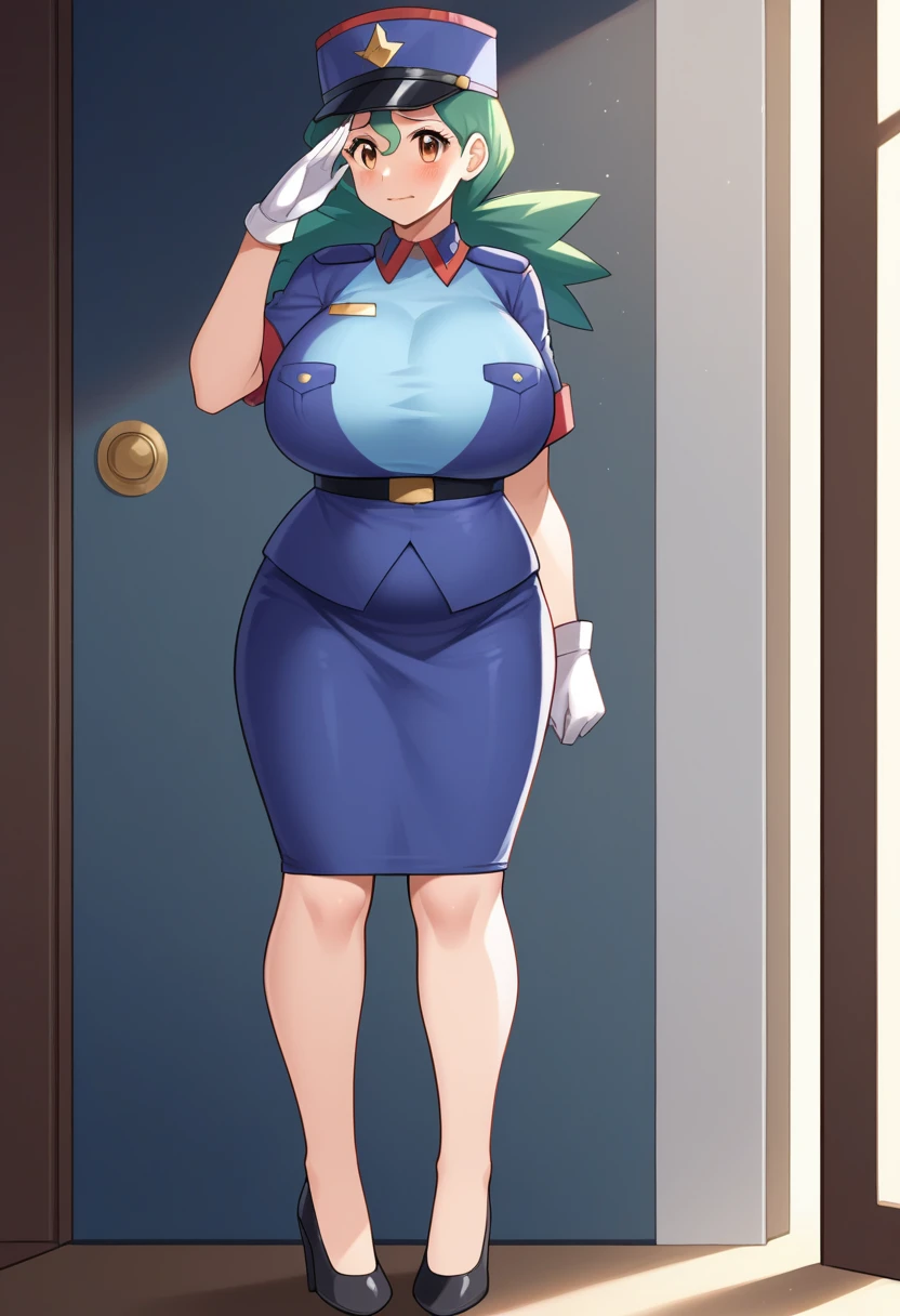 score_9, score_8_up, source_anime Bibl3, mature woman standing at attention, salute, solo 1girl( jenny (pokemon), police uniform, belt, pencil skirt, white gloves, high heels, milf, large breasts, huge breasts, swollen breasts, big ass, green hair, pregnant, nervous expression, embarrassed, exposed belly), doorway of office, morning, contrast lighting, natural lighting, full body, 