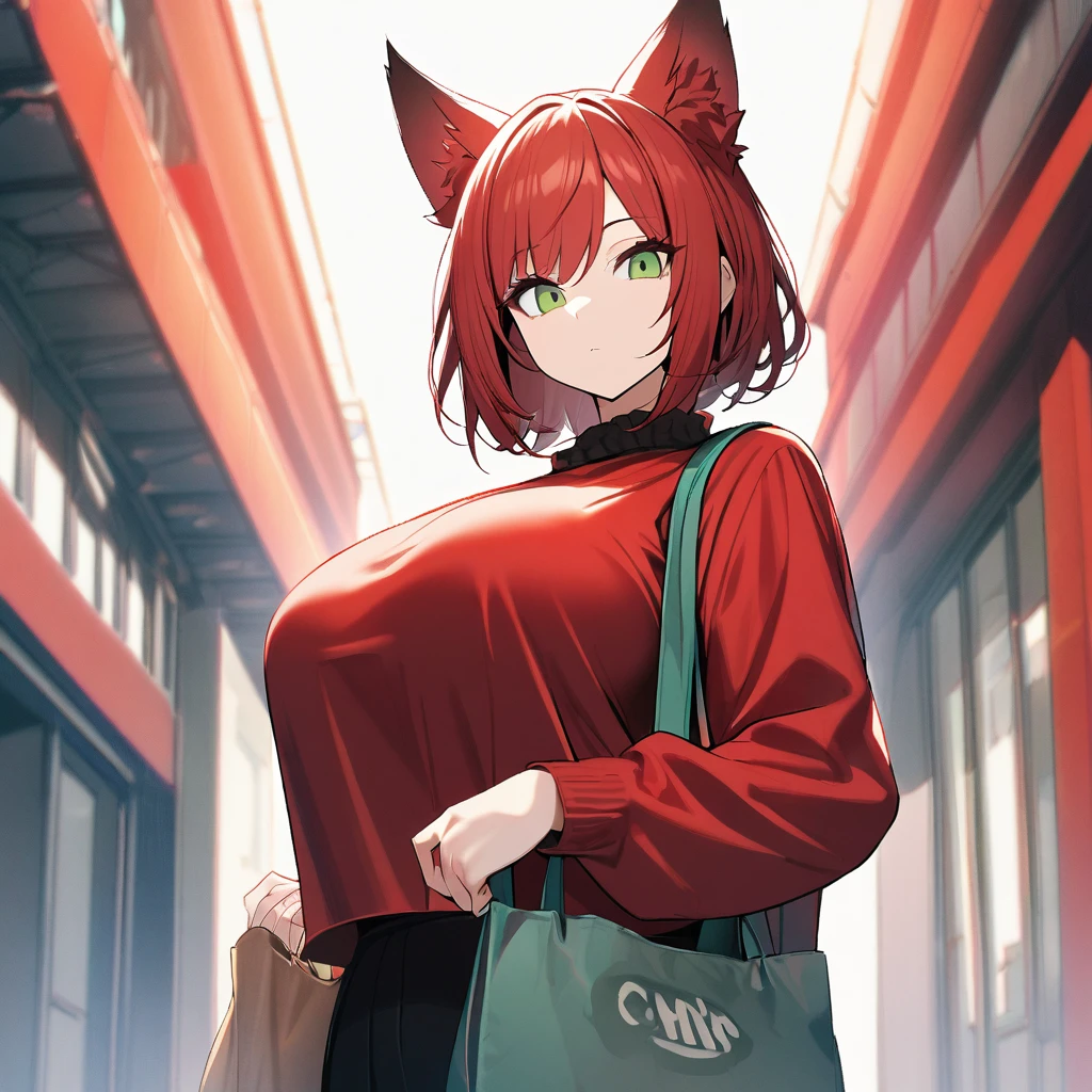 1girl,solo,red hair color,wolf cut hair(short),wolf ears,green eyes,slanted eyes,super huge breasts,slender,red shirt,long sleeves,tote bag,expressionless,looking at viewer,near,beautiful person ,cool,standing up,white background