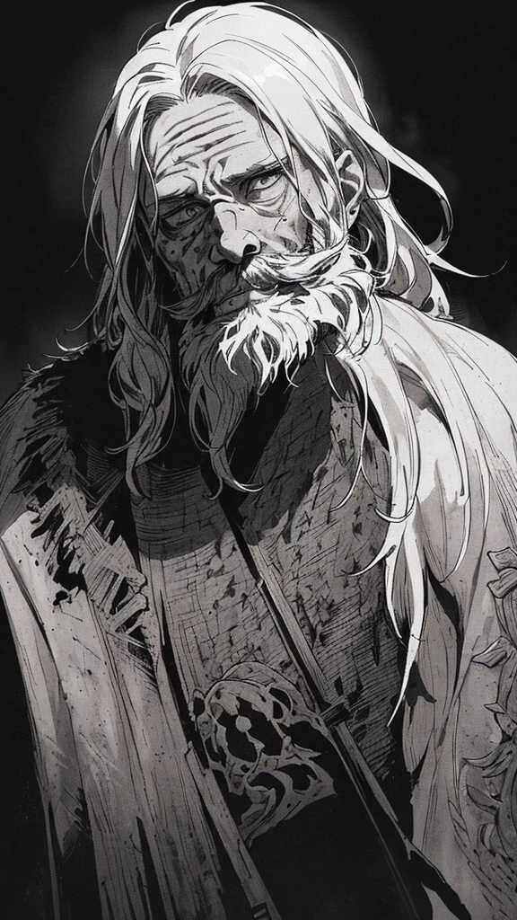 Highest quality, (Background details), High Contrast, Detailed original illustrations, Dwarven warriors、白hair、Muscular々、Wearing armor、whole body、Has an axe、, Medieval, Earrings_Deeply engraved_eye, Wrinkled face, dark_Stitch_Cape, (Dramatic lighting:1.25), (Shadowed Background:1.2), (dirty_ Sloppy_gray_hair:1.2), (length_Hairy_beard:1.3)Small stature、Delicate face, , Wicked Smile、鋭いeye, Black background, (Black background: 1. 5) Beautiful line art, Monochrome