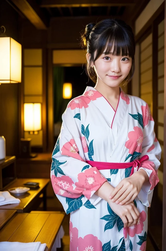 girl in ryokan on school trips,long-sleeved floral yukata,18-year-old,bangs,a little smile,thighs,knees,short hair with low pigtails bunches,from below,front light