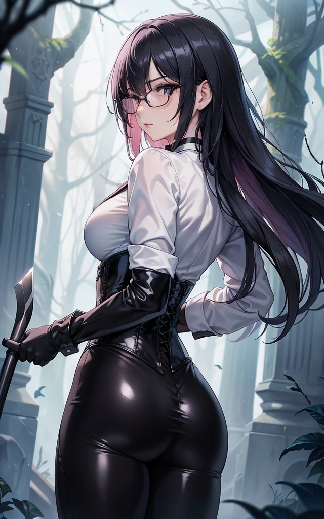 Masterpiece, Beautiful art, professional artist, 8k, art style by sciamano240, Very detailed face, Detailed clothing, detailed fabric, 1 girl, view from behind, perfect ass, perfectly drawn body, fighting pose, beautiful face, long hair, blue eyes, very detailed eyes, pink cheeks, shy expression, glasses, choker:1.6, (long sleeve white collar buttoned shirt), black gloves, gloves covering hands, (holding an ax in the right hand), (black leather corset), (shiny black leggings), sensual lips ,  evening de invierno, show details in the eyes, view from front, looking at the viewer, dark path, dark forest, evening, Atmosphere, fog