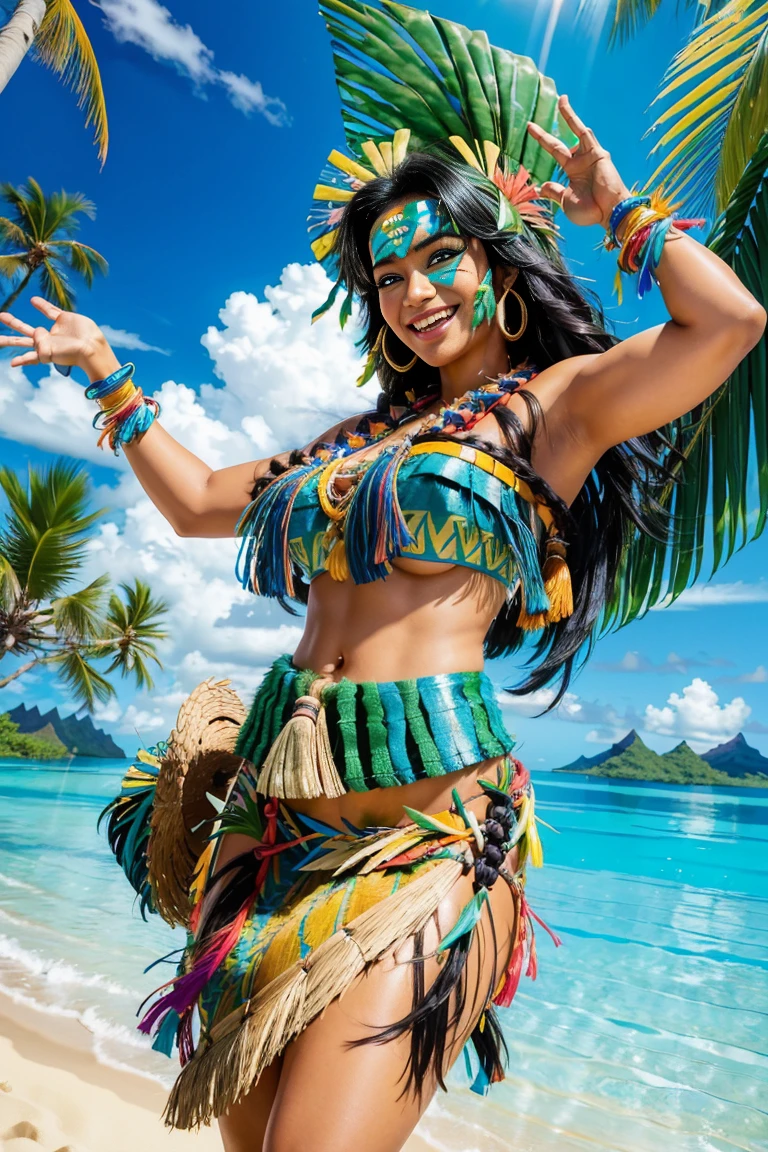 (((35 year old Polynesian woman, colorful top, grass skirt, blue eyes))), (((black hair))), extremely feminine, smiling, wonderful smile,
dynamic poses, lighthearted moments, capturing the excitement and energy, tropical island, blue lagoon, 8k , photorealistic