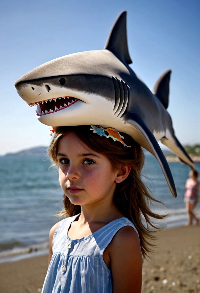 Girl with stuffed shark on her head, Seaside, DaytimeGirl with stuffed shark on her head, Seaside, Daytime